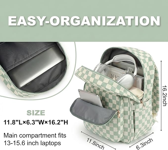 Women Laptop Backpack, Corduroy 15.6" Travel Backpack for Work College Business, Teacher Nurse Bag with Large Capacity School Bookbag Bags for Girls - Checkered Matcha Green