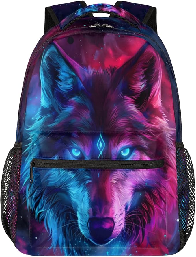 Pardick Galaxy Wolf Backpacks for Boys Girls Kids Rainbow Wolf Lightweight 16 Inch School Backpack Laptop College Bookbag Travel Casual Daypack Hiking Camping Computer Rucksack Medium