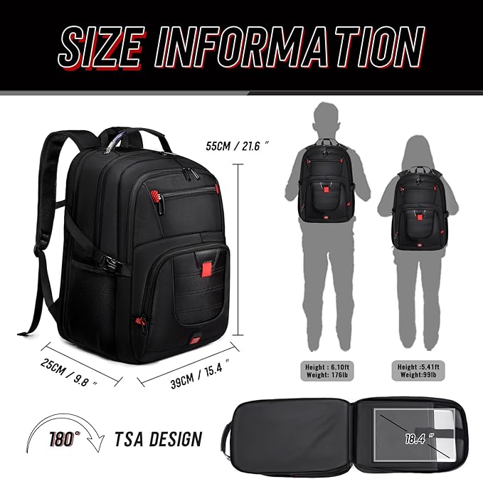 Z-MGKISS 18.4 Large Travel Backpack, USB Computer Bagpack Fits 18.4 Inch Laptop, Business Backpack for Men, TSA Flight Approved, Laptop Backpacks, Black