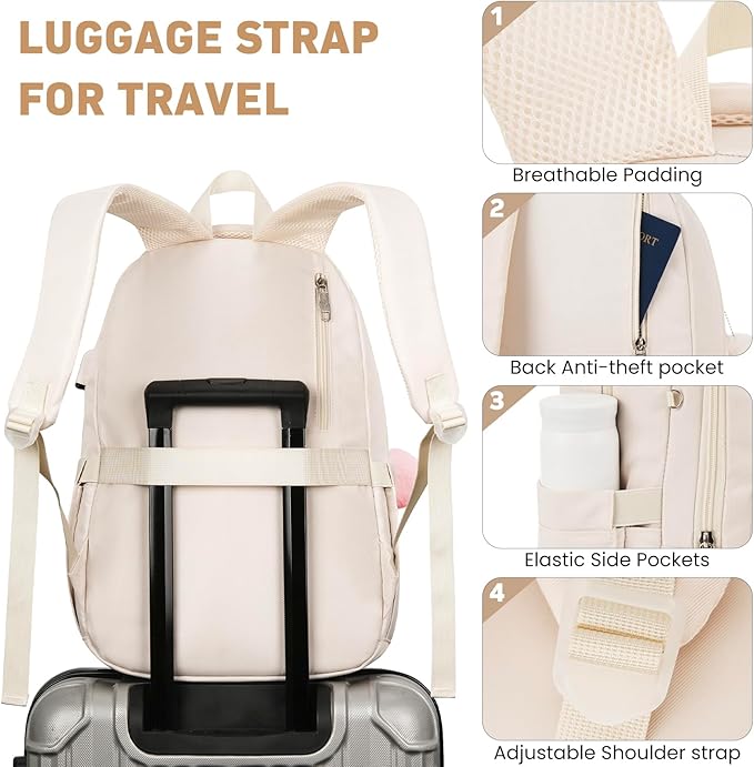 School Backpack for Girls Teens, Cute Aesthetic College Backpacks Large 15.6 Inch Laptop Bag Preppy Bookbag for Women Students Travel (Beige)