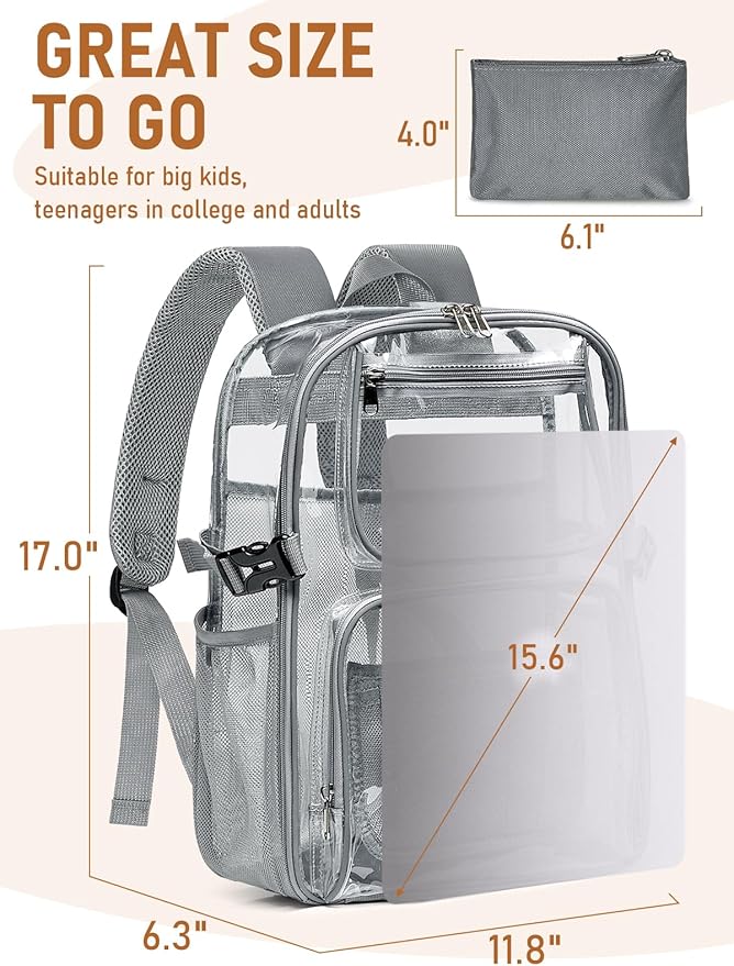 Clear Backpack Heavy Duty, Large TPU Clear Bookbag for Boys Girls Adult, See Through Transparent Back Pack with Multiple Pockets for College Work Casual Security,Grey