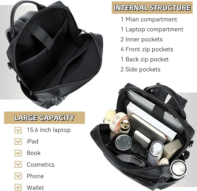 Vegan Leather Laptop Backpack for Women 15.6 Inch Work Backpack Purse for Travel College
