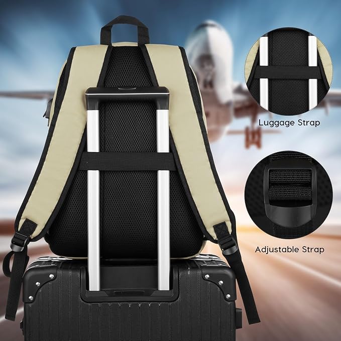 YAMTION School Backpack,Unisex Classic Bookbag Teens Schoolbag with USB Port for High School College Office Work Travel, 15.6 inch, Beige