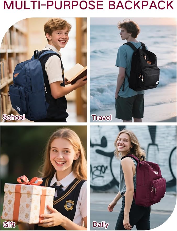 RAVUO School Backpack for Women | Classic College Bookbag for 15.6 inch Laptop, Water Resistant Daypack for Highschool Travel, Burgundy