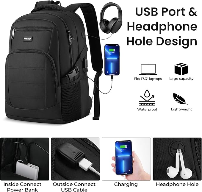 YAMTION Black Backpack for Men and Women, Laptop Backpack with USB Charging Port, School Backpack for Boys and Girls, Lightweight Bookbag, Work Backpack Fits 17.3 Inch Notebook