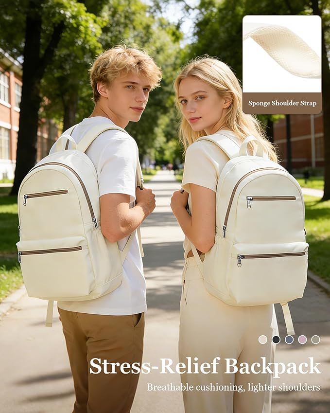 Lightweight School Backpack for Women Men, Multi Pocket Backpack for College Students, Waterproof Middle School Bags, Simple Bookbag for Teens Girls Boys, Beige