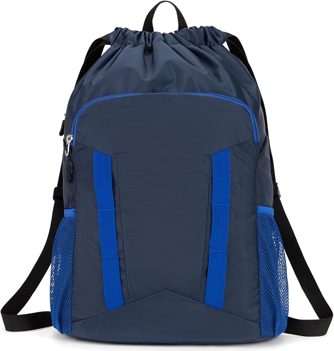 Drawstring Backpack for Kids Sports Gym Bag with Shoes Compartment, Water Resistant Beach Swim Bag String Backpack for Boys and Girls, Dark Blue