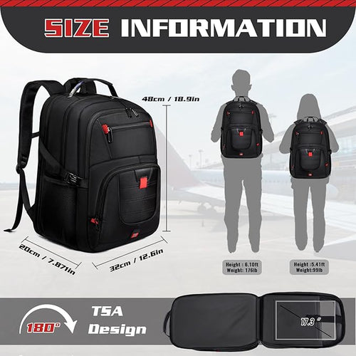 50L Travel Backpack, 17 inch Quality Laptop Backpack for Men, Durability Extra Large Storage space Sturdy TSA Friendly with Port College School Rucksack Bag Gifts for Him Men Women, Black