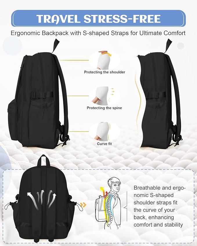Black School Backpack for Teen Girls Lightweight College Backpack Women Travel Backpacks Waterproof High School Bookbag for Men Classic Casual Daypacks