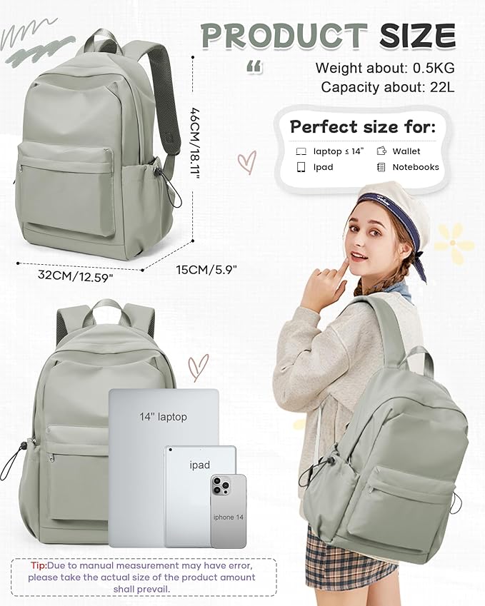 SEAFEW Small Green School Backpack Women, Unisex Lightweight Backpack School Bag Water-resistant Casual Rucksack fits 14 inch Laptop for Boys Girls Men and Women Bookbag College Daypack for Teenage
