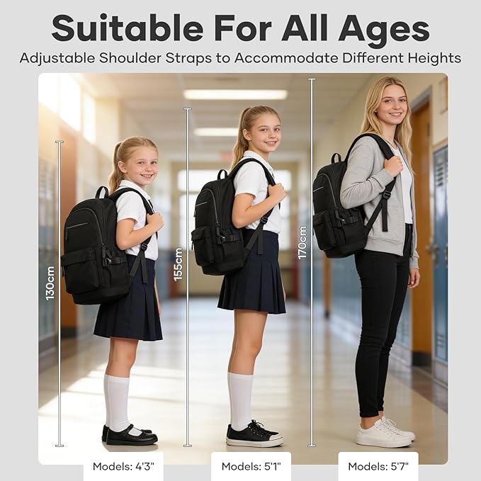 School Bag, Water Resistant School Backpack for Teen Girls Boys, 14 Inch Laptop Backpack for Women Men, Durable Lightweight Bookbag for Middle High School & College, Travel Daypack, Black