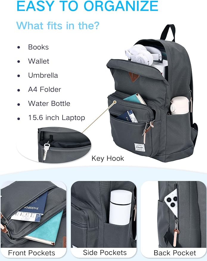 RAVUO School Backpack for Men Women | Classic Bookbag for 15.6 inch Laptop Water-Resistant College Daypack for Travel, Grey