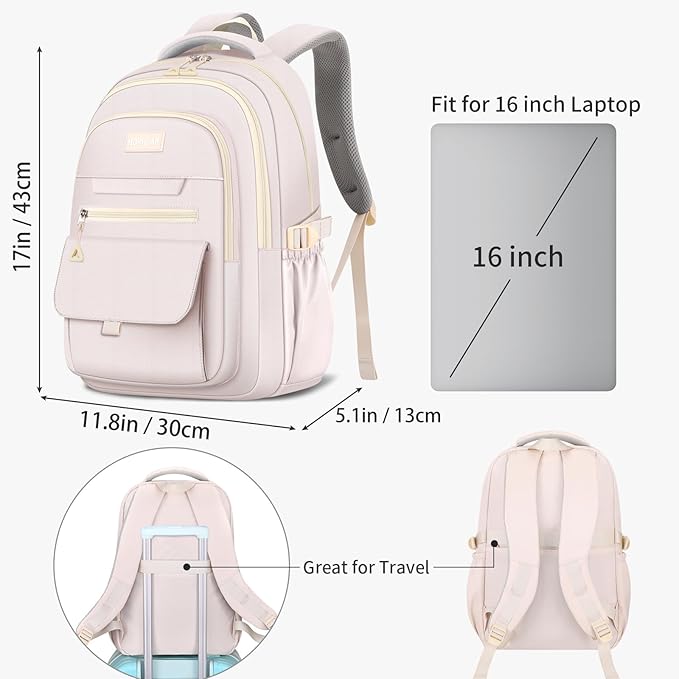 School backpack for Girls, Aesthetic Backpack for Women Cute Bookbag Preppy College (Beige)