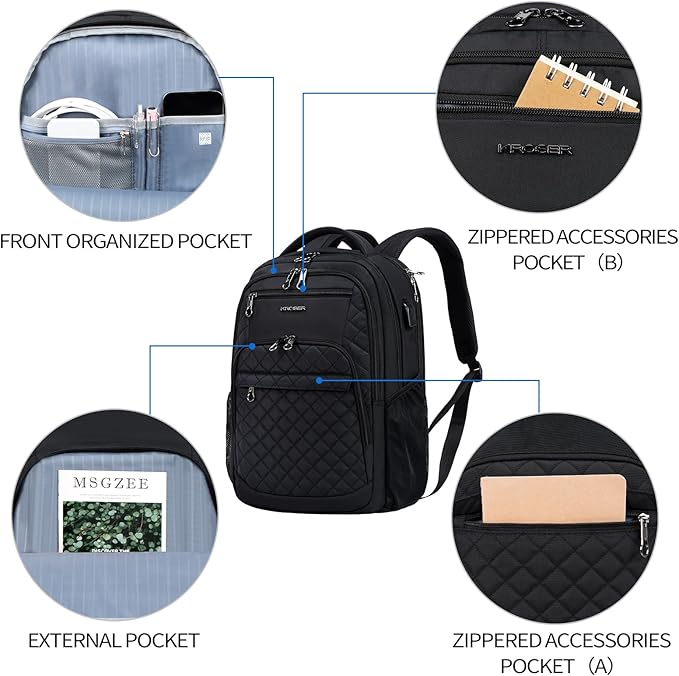 KROSER Travel Laptop Backpack 17 Inch Large Computer Backpack Water-Repellent Daypack with USB Charging Port RFID Pockets for Work/Business/College/Men/Women(Quilted)