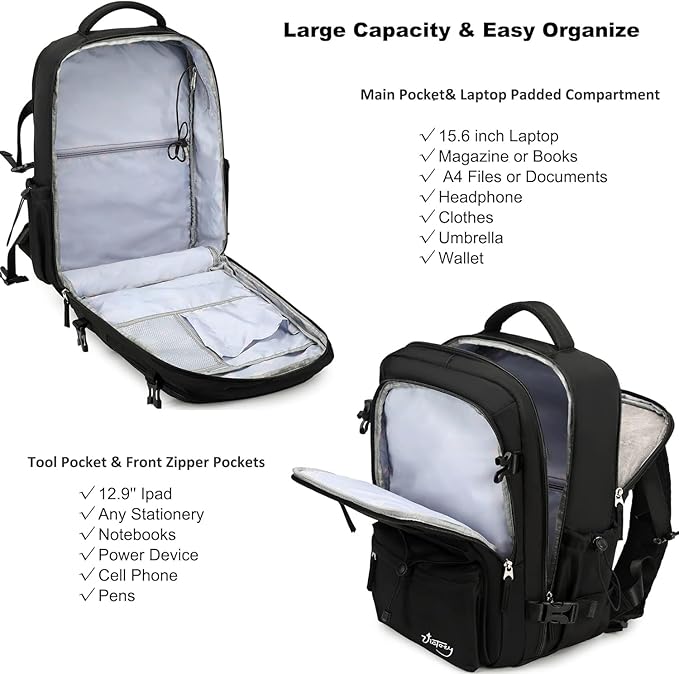 Travel Backpack for Women Men 15.6 Inch Laptop Backpacks with USB Port Carry on Bag Airline Approved Large College School Bookbags Waterproof Work Business Sport Rucksack Casual Daypack (Black)
