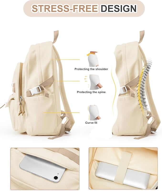 Aesthetic School Backpack for Women Men College Backpack With Lots Of Pockets Waterproof Travel Casual Daypack Cute Bookbag For Teens Girls Boys High School Bag(Beige)