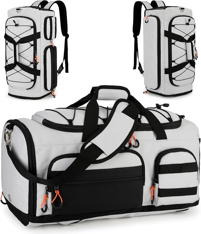 Searock 45L Gym Bag for Men, 3-In-1 Duffle Bag Backpack for Travel, Sports Duffel Bags for Gym Workout, Weekender Overnight Bag with Shoe Compartment, Wet Pocket, Gray