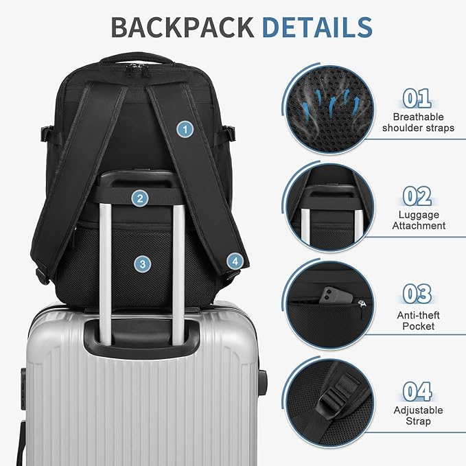 Travel Backpack for Men Women, 35L Laptop Backpack W/Shoe Compartment, Water Resistant Flight Approved Fits 15.6-inch Laptop, Black