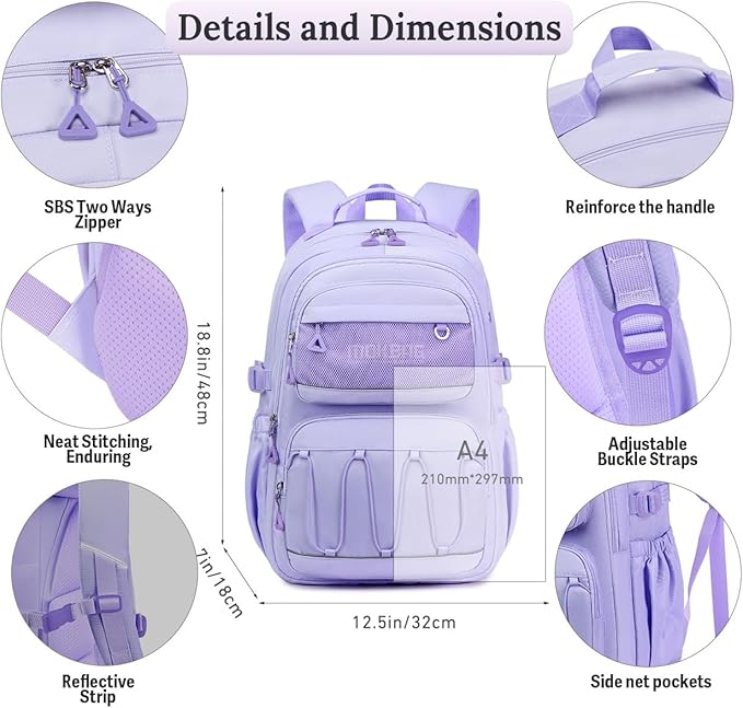 Cusangel Teen Girls Backpack for School, 18in Purple Travel Student Laptop Backpack For College Large Capacity Waterproof Daypack