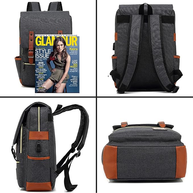 UGRACE Vintage Laptop Backpack with USB Charging Port, Elegant Water Resistant Travelling Casual Daypacks College Shoulder Bag for Men Women, Fits up to 15.6Inch Laptop in Black