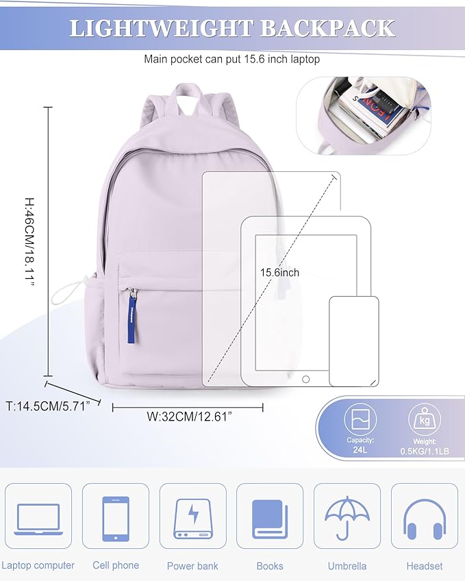 School Backpack for Teen Girls,Simple School Book Bag Waterproof High School Backpack for Boy Middle Student Bookbag College Backpack for Women Men Casual Daypack Travel Aesthetic Backpacks Purple