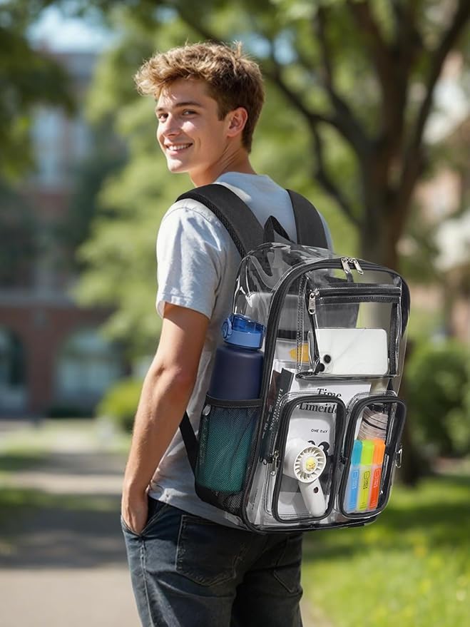 Clear Backpack Heavy Duty for Women Men Boys Girls, Clear Bookbag for School, 17 Inch Transparent Backpack with All-Around Reflective Strips for Work Casual Sport, Black