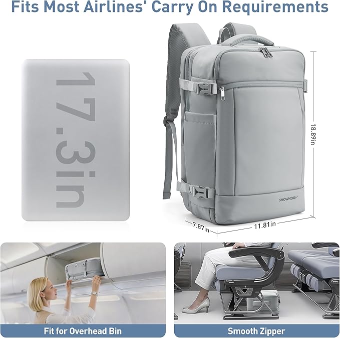 SHOWKOO Laptop Backpack for 17 Inch Laptop, 40L Expandable Large Capacity Backpack, TSA Carry On Travel Backpack with Padded Laptop Compartment, Water-Resistant College & Commuter Bag,Gray