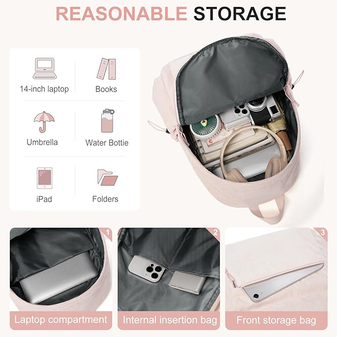 School Backpack for Teens Boys Girls Cute Corduroy Bookbag Classic Casual High School Bag Lightweight College Backpack For Women Men(Pink)