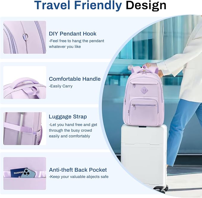 School Backpack for Girls, Lightweight Kids Bookbag Classic College Backpack for Teen Women with Luggage Strap, Age 8-18 Years Old, Purple