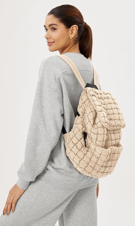 ODODOS Quilted Backpack 2.0 for Women Lightweight Puffer Hiker Pack Drawstring Padding Travel Gym Bag, Ivory