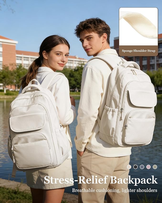 weradar School Backpack for Women Men Cute Backpack for College Students Lightweight High School bag for Teens Girls Boys Waterproof Casual Daypacks Bookbag(Beige)