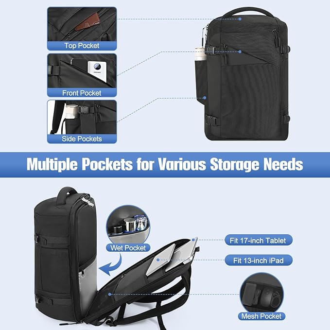 MoKo Travel Backpack for Men, Large 40L TSA Flight Approved Carry on Backpack, 17 inch Laptop Backpack 180° Openable & Expandable, Water-Resistant Lightweight Business Weekender Bag Daypack, Black