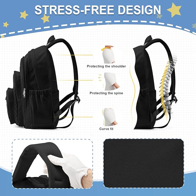 weradar Black School Backpack For Women Men, Lightweight Casual Daypack College Backpack, Aesthetic Students Bookbag, Backpack With Lots Of Pockets,Cute High School Bag For Boys Girls