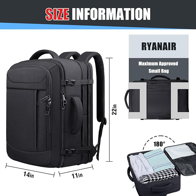 Expandable Travel Backpack 50L-60L, Extra Large Carry on Backpack Hiking Camping Rucksack with Waterproof Wet Pocket, Anti-Theft 19 Inch Gaming Laptop Bag for Road Trip Outdoor Sports, Black