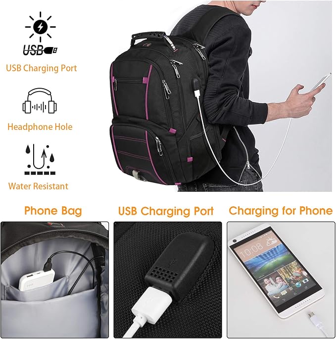 LTINVECK Extra Large Backpack,TSA Friendly Travel Laptop Computer Backpack for Men Women with USB Charging Port,RFID Water Resistant Big Business Backbag Fits 17.3 Inch Laptops,Purple