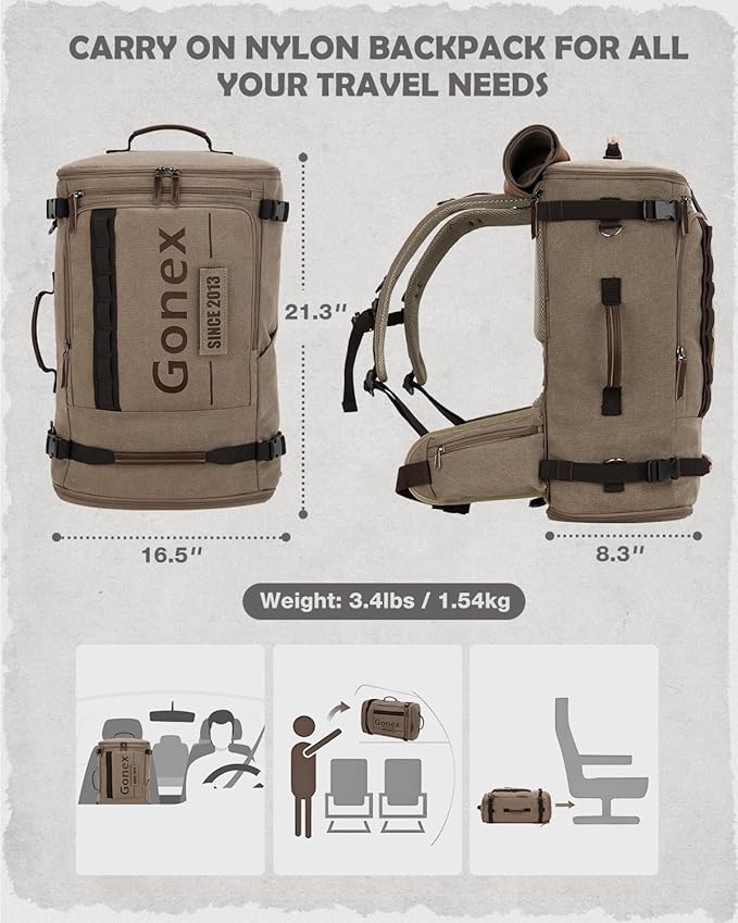 Gonex Canvas Travel Backpack, Large 3-in-1 Convertible Vintage Laptop Duffel Bag for Men & Women, Durable Carry-On for Work, College & Outdoor Adventure (Coffee Brown)