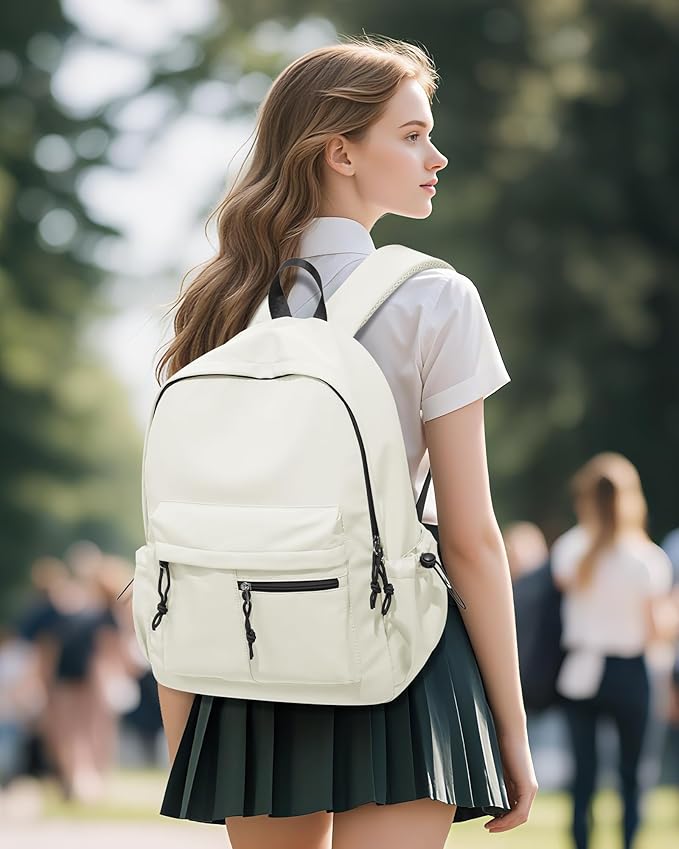 School Backpack for Girls Boys Bookbag Cute Aesthetic College Backpack Women Middle High School Teen Students Book Bag Lightweight Gym Work Laptop Casual Daypack Backpacks Men Beige