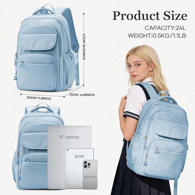Cute School Backpack for Teens Girls Boys Waterproof School Bag Basic Backpack for College Students Multi Pocket Backpack Lightweight Casual Daypack Backpacks for Women Men（Blue）