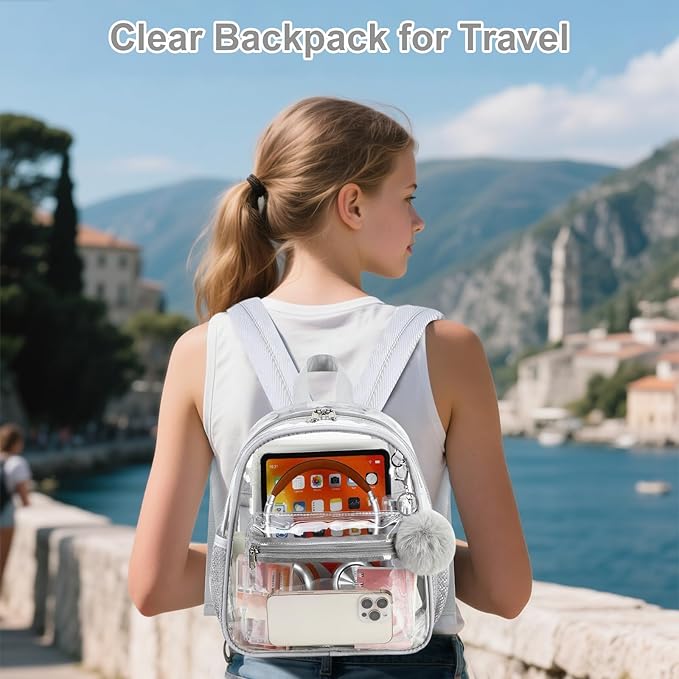 BTOOP Clear Mini Backpack for Stadium Events 12x12x6 Small Transparent Backpacks Plastic See Through Clear Bag for Concerts Work Festival Security Travel Gray