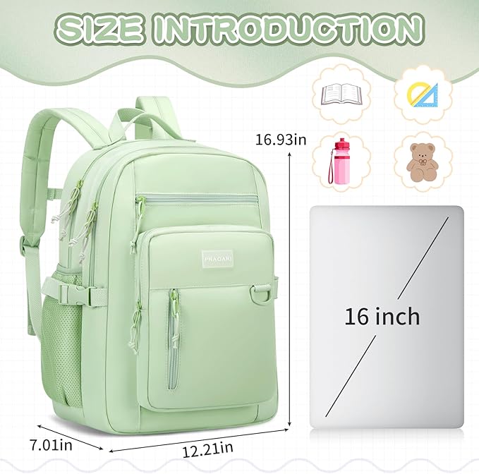 Kids Backpack for School Cute Aesthetic Green Backpack Girls Student Bookbag Women Travel Lightweight Book Bag