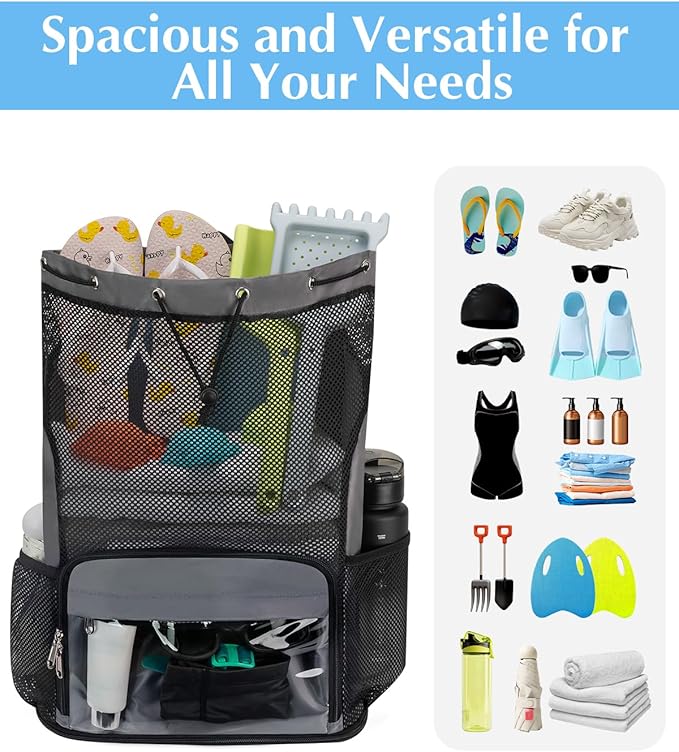 Drawstring Backpack Sandproof Beach Backpack with Shoe Compartment & Wet Pocket Waterproof Mesh Swim Bag Pool Bag for Gym, Travel and Workout Gear (Grey)