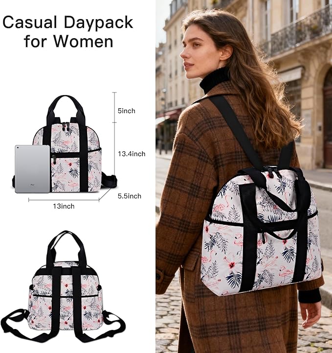 Women’s Backpack Purse Medium Size with Trolley Sleeve, Adjustable Strap/Top Handle, Water Resistant Travel Daypack, Flamingo