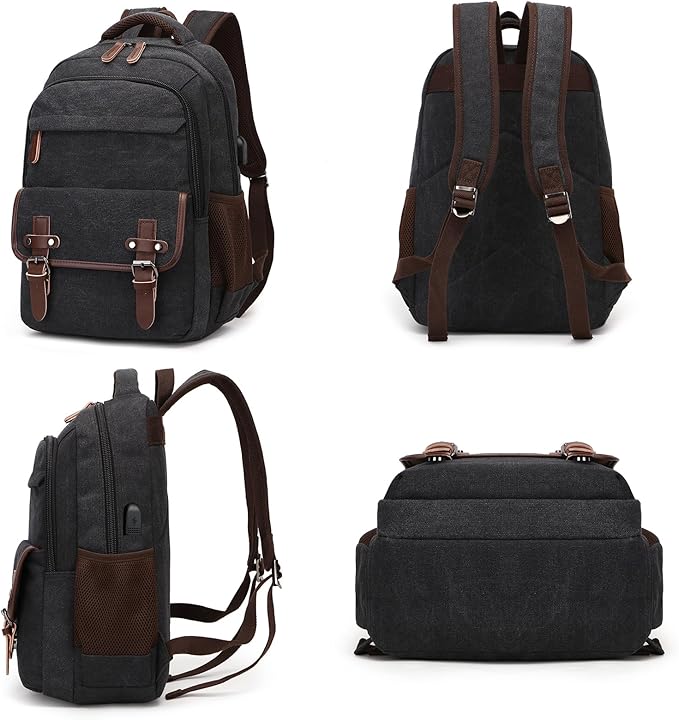 Canvas Laptop Backpack with USB Charging Port, Vintage Daypack for Men Women, Black Travel Work Rucksack College Computer Bag Bookbag Fits 15.6 Inch Lapop, Black