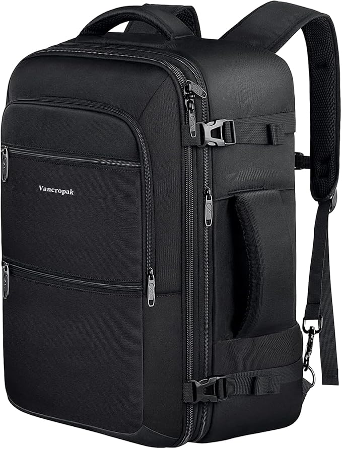 Vancropak Carry On Backpack, 45L Expandable Extra Large Travel Backpack, Flight Approved Water Resistant Luggage Suitcase Daypack, Lightweight Business Overnight Weekender Bag for Men & Women, Black