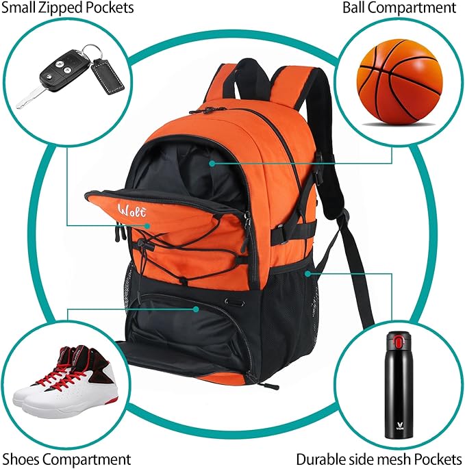 WOLT Basketball Backpack Large Sports Bag with Separate Ball Holder & Shoes Compartment, Best for Basketball, Soccer,Gym