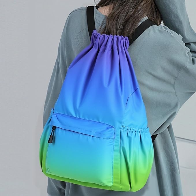 Drawstring Backpack for Women Drawstring Gym Bag Water Resistant Small Cinch Sack Pull String Backpack Bag (Blue-Green)
