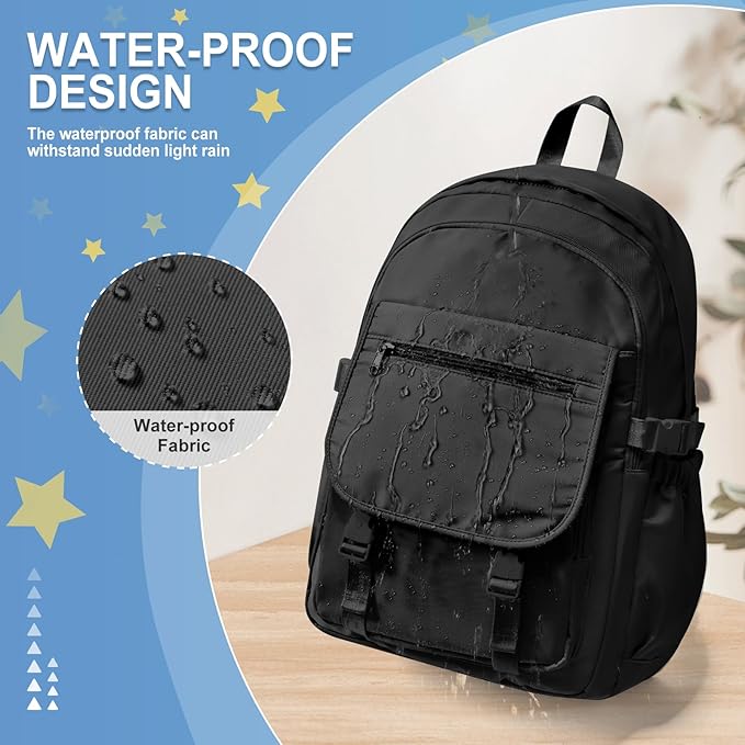 Black Lightweight Waterproof Backpack for Women Men Large Capacity College School Bag with Luggage Straps Multiple Pockets Durable High School Bookbag, Casual Daypacks for Students Girls Boys