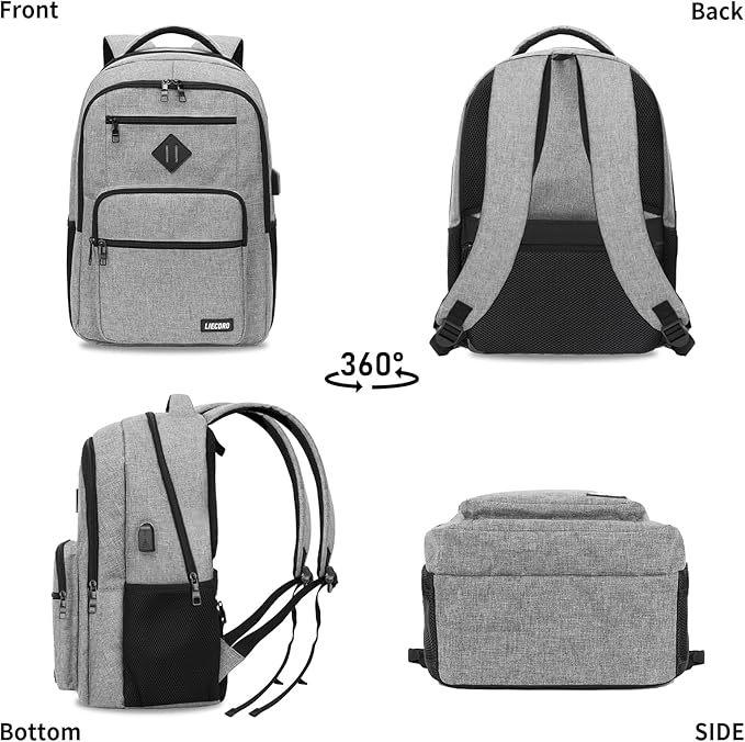 School Backpack for Boys Girls Teens, Grey Backpack for Men Women, 15.6 inch Laptop Back Pack with USB Charging Port, Backpacks for School Business Work College Travel, College Book Bag, Bookbag