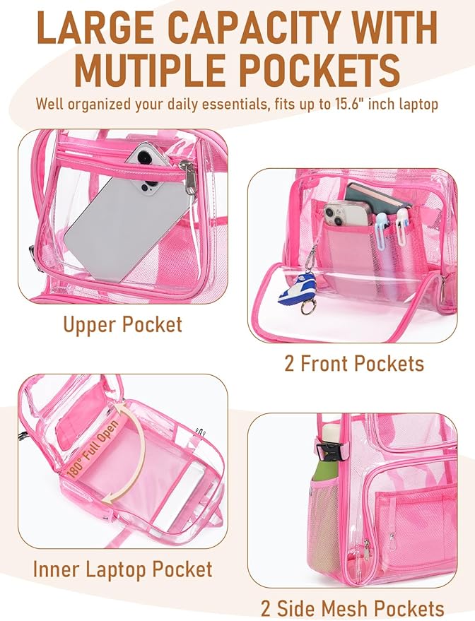 Large Clear Backpack Heavy Duty, 17 inch Clear Bookbag for Boys Girls Women Men, See Through Transparent Backpack With All-Around Reflective Strips for College Work Travel,Pink