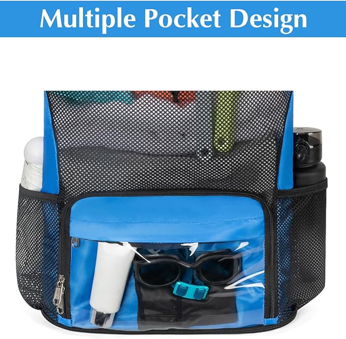 Drawstring Backpack Sandproof Beach Backpack with Shoe Compartment & Wet Pocket Waterproof Mesh Swim Bag Pool Bag for Gym, Travel and Workout Gear (Blue)